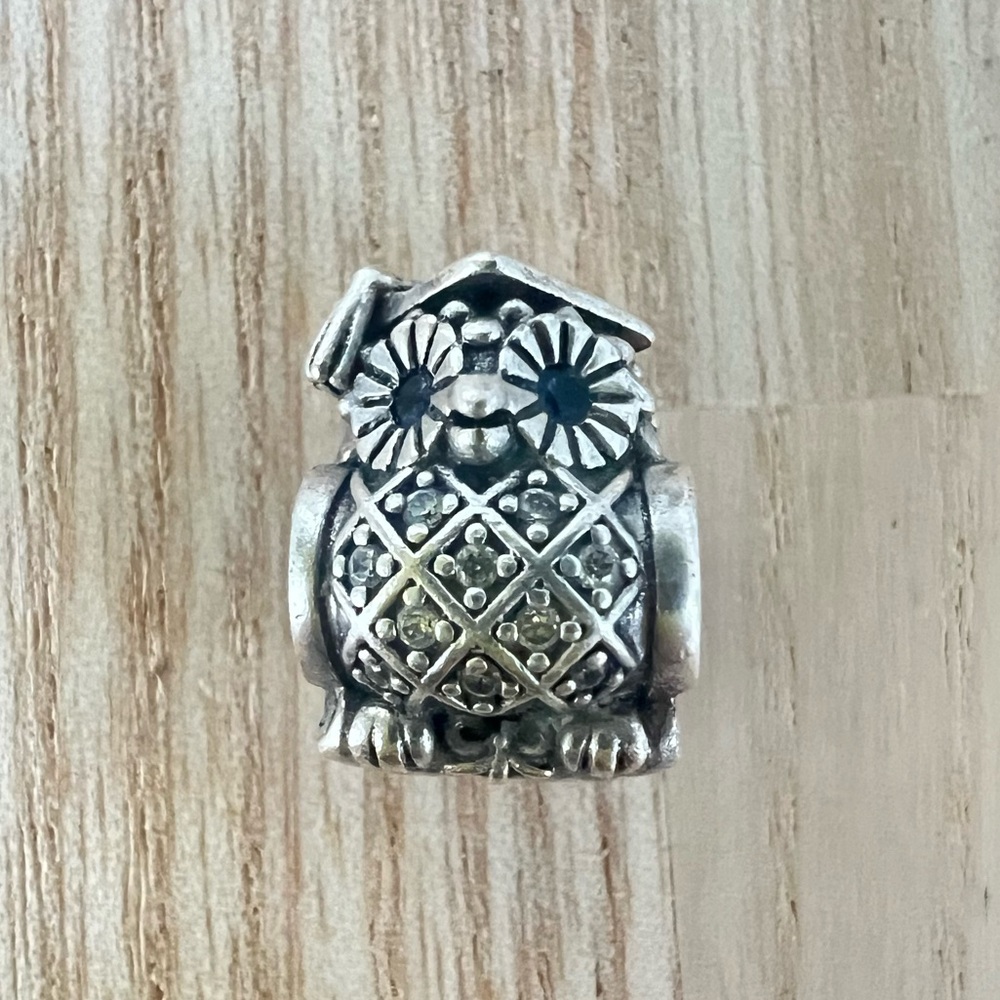 PANDORA Sterling silver Graduate owl barrel bead slide charm 791502NSB